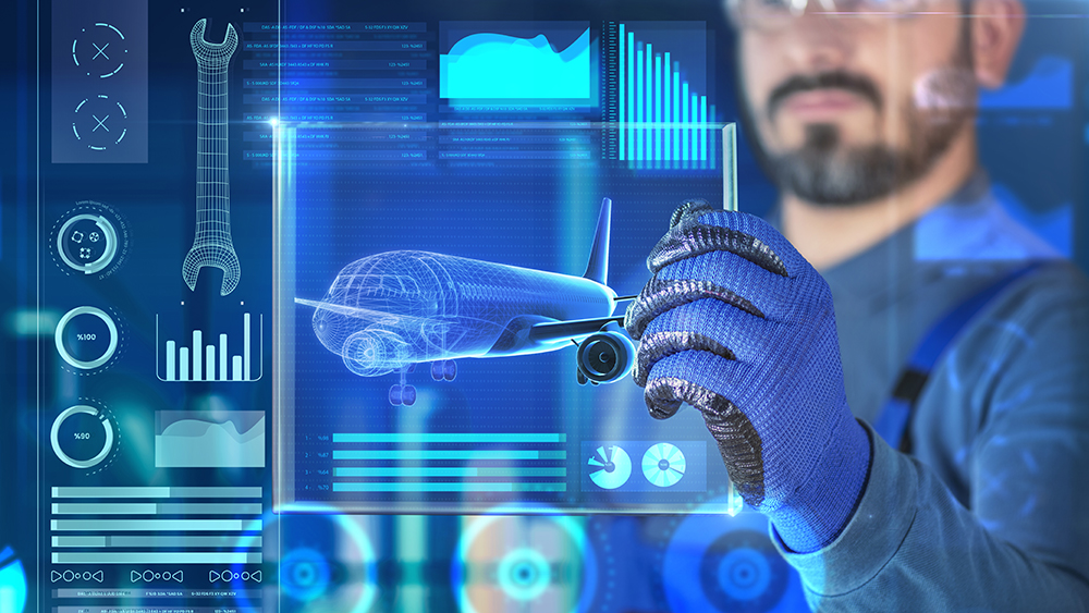 Abstract picture of man working on a virtual screen with an airplane and tools.