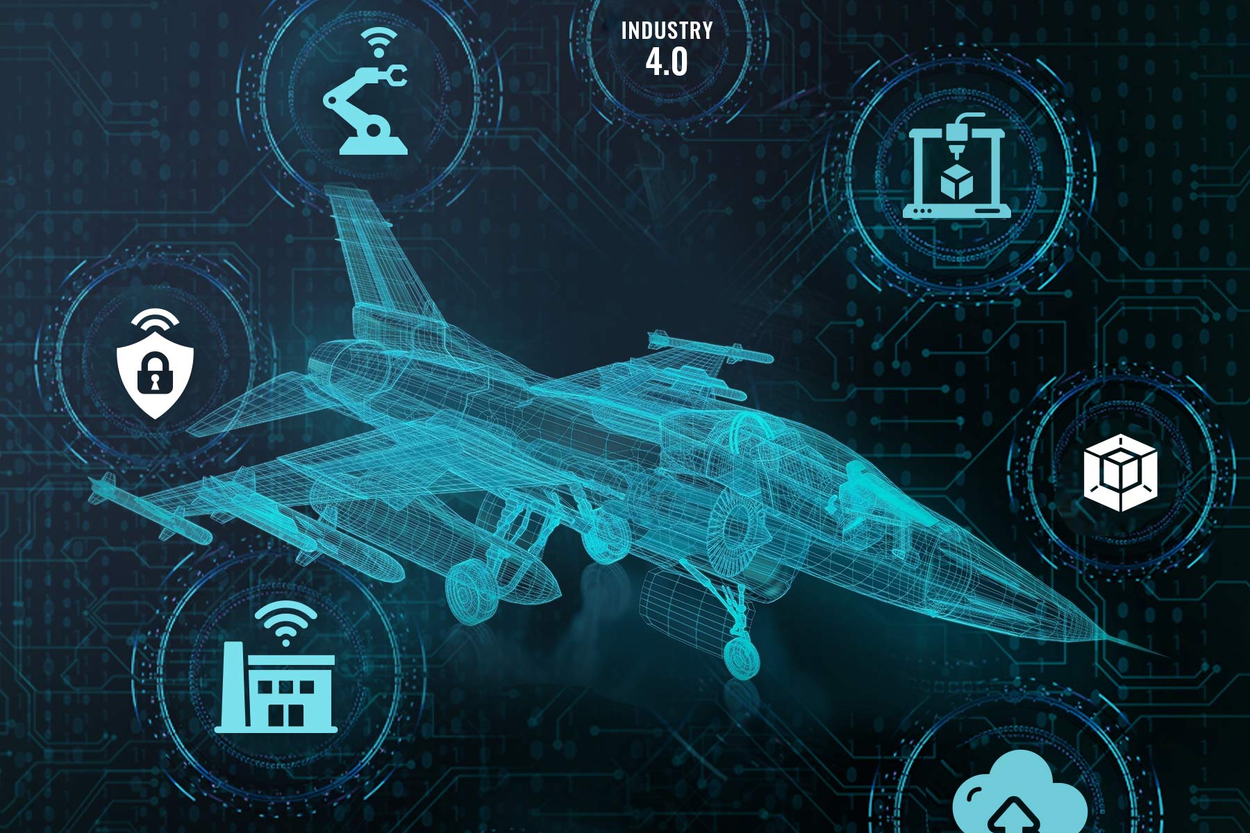 Graphic depiction of a mesh fighter jet surrounded by smart manufacturing-related icons inside circles.