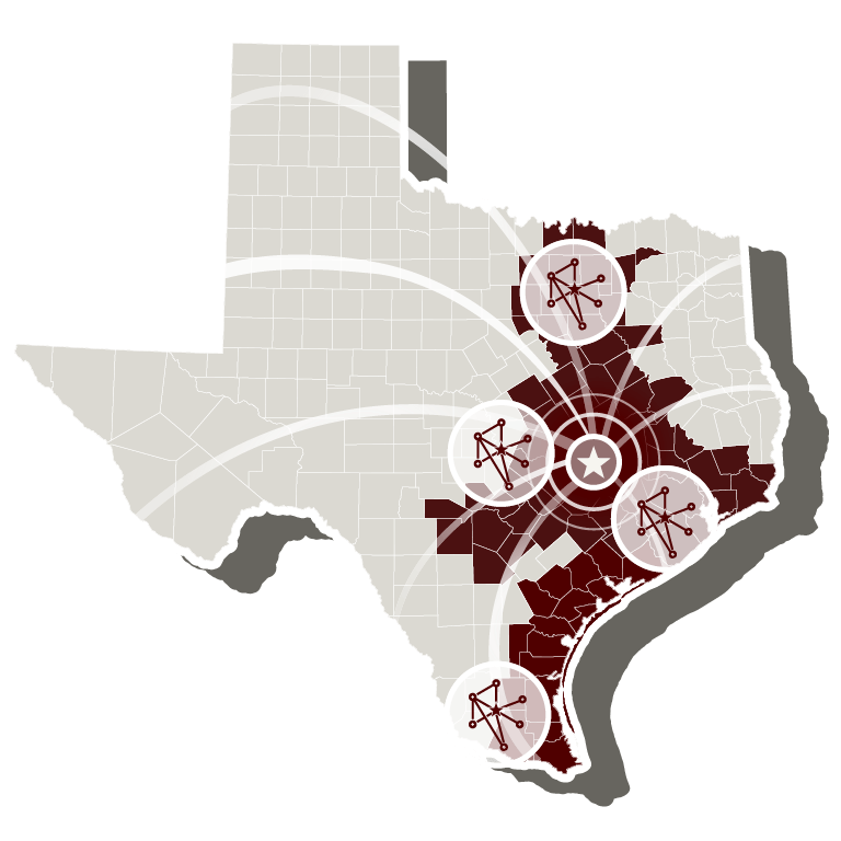 A diagram of the state of Texas highlighted in maroon the seventy-seven thousand square mile area that corresponds to the region TDAMC covers