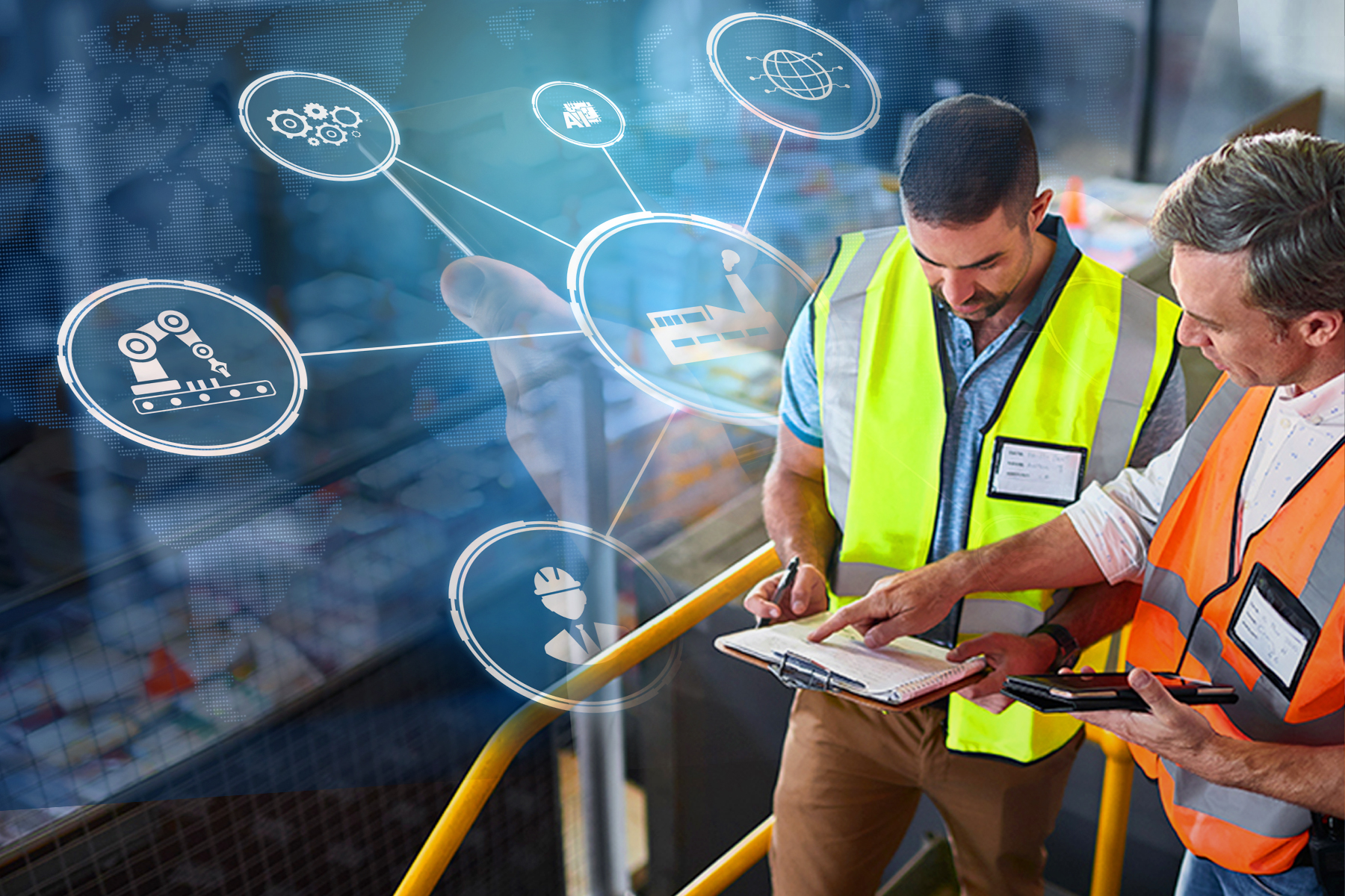 Two men in bright safety vests discussing notes on a clipboard. technology icons float in the background of the image